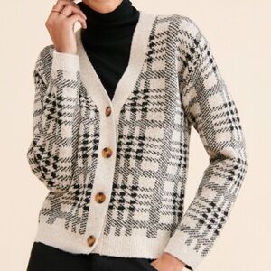 Anthropologie Theo & Spence Black & White Plaid Grandpa Cardigan Sweater XL